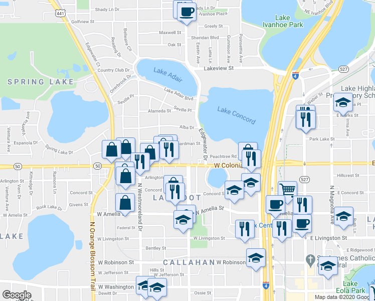 map of restaurants, bars, coffee shops, grocery stores, and more near 731 Putnam Avenue in Orlando