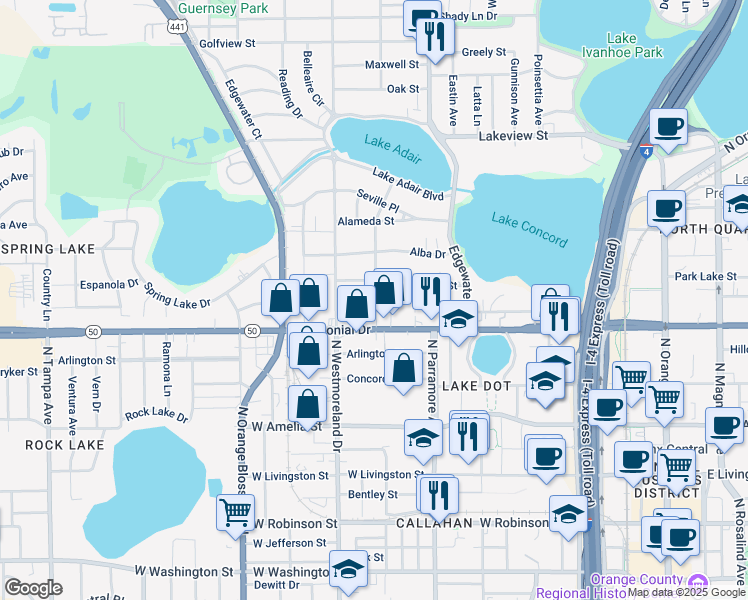 map of restaurants, bars, coffee shops, grocery stores, and more near 729 Cordova Drive in Orlando