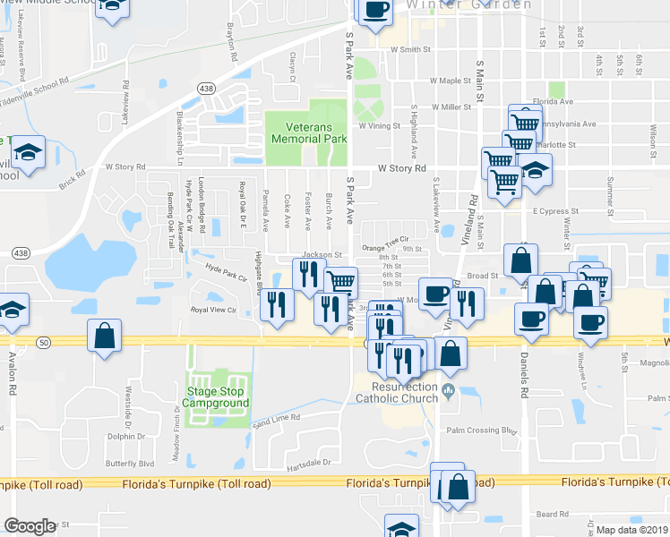 map of restaurants, bars, coffee shops, grocery stores, and more near 373 Eron Way in Winter Garden