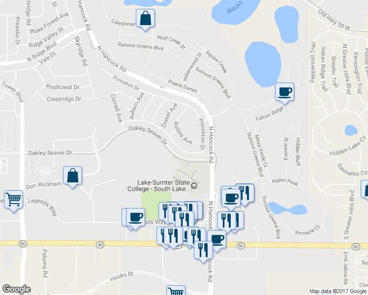 map of restaurants, bars, coffee shops, grocery stores, and more near 1014 Princeton Drive in Clermont