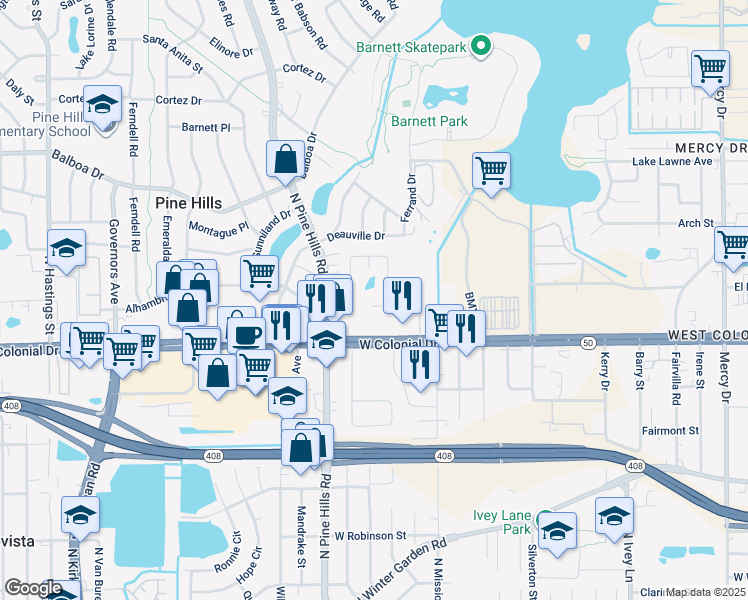map of restaurants, bars, coffee shops, grocery stores, and more near 4911 La Grange Avenue in Orlando
