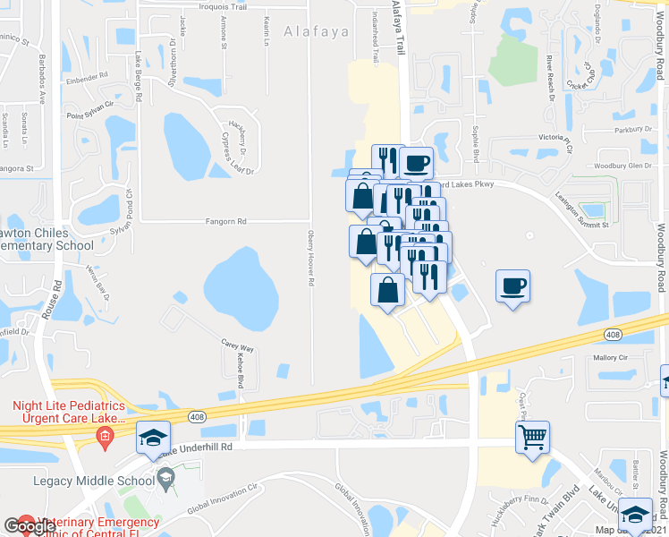 map of restaurants, bars, coffee shops, grocery stores, and more near 849 Oberry Hoover Road in Orlando