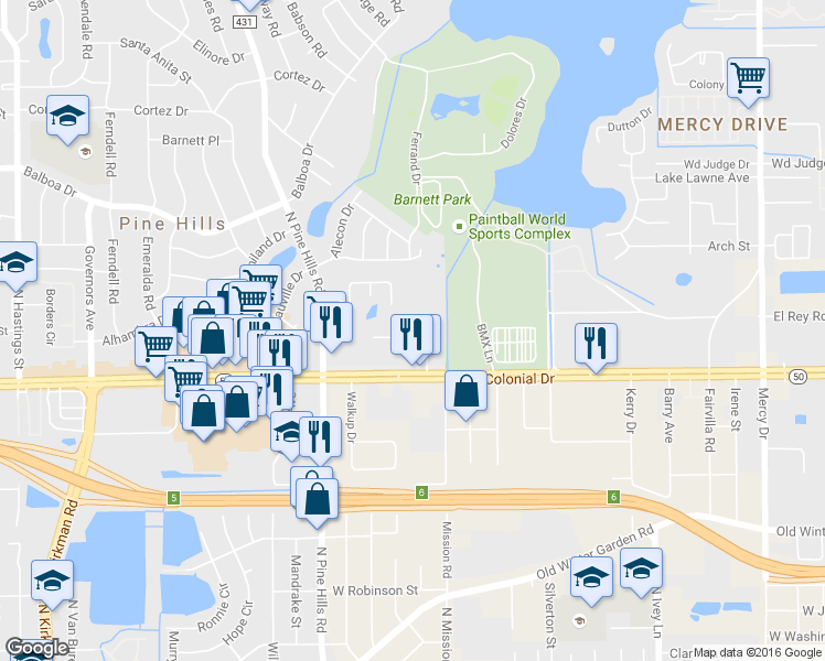 map of restaurants, bars, coffee shops, grocery stores, and more near 4821 La Grange Avenue in Orlando