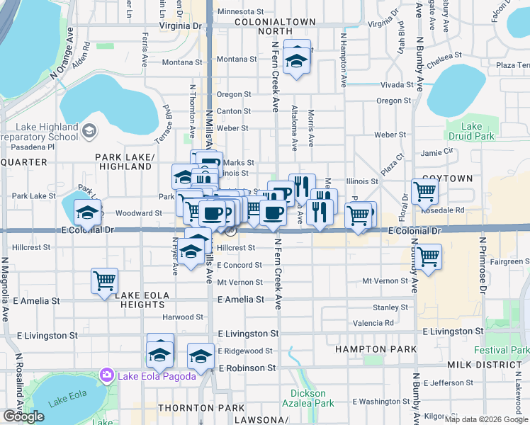 map of restaurants, bars, coffee shops, grocery stores, and more near 1509 Woodward Street in Orlando