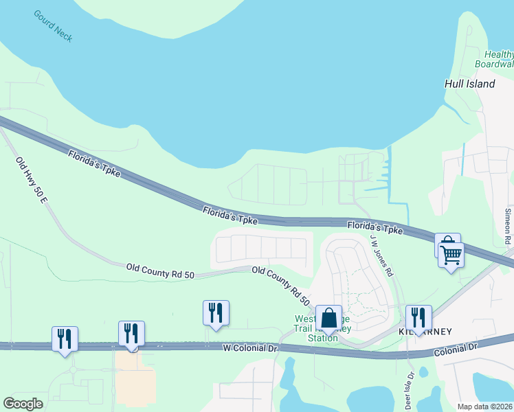 map of restaurants, bars, coffee shops, grocery stores, and more near Florida's Turnpike in Montverde