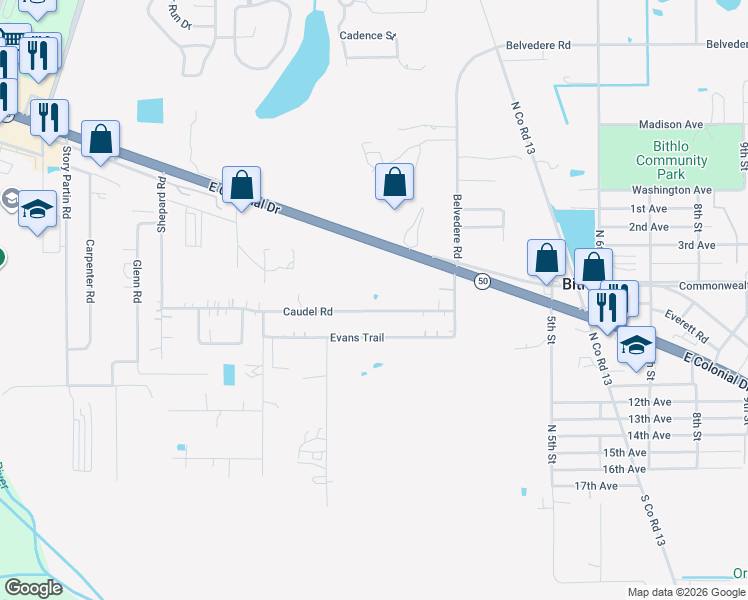 map of restaurants, bars, coffee shops, grocery stores, and more near 17777 Caudel Road in Orlando