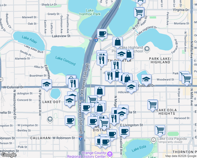map of restaurants, bars, coffee shops, grocery stores, and more near 750 North Orange Avenue in Orlando