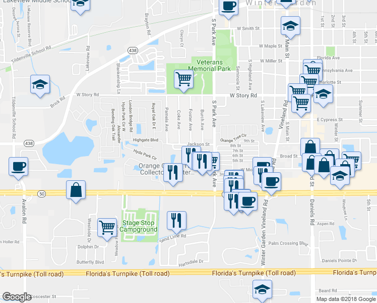 map of restaurants, bars, coffee shops, grocery stores, and more near 430 Westpoint Garden Circle in Winter Garden