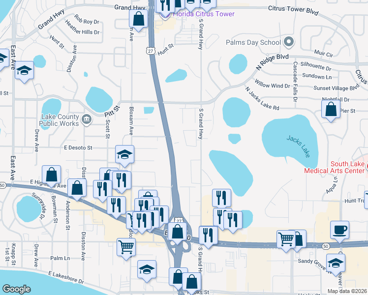 map of restaurants, bars, coffee shops, grocery stores, and more near 728 South Grand Highway in Clermont