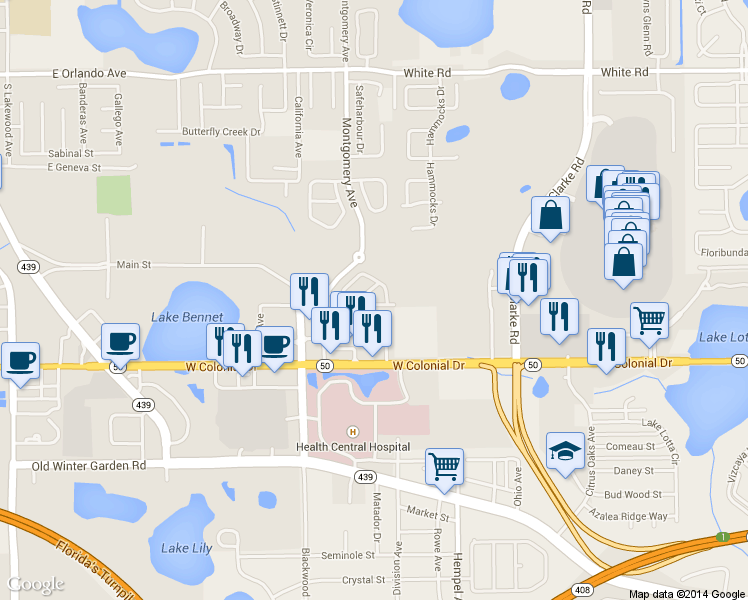 map of restaurants, bars, coffee shops, grocery stores, and more near 1068 Wickerwood Street in Ocoee
