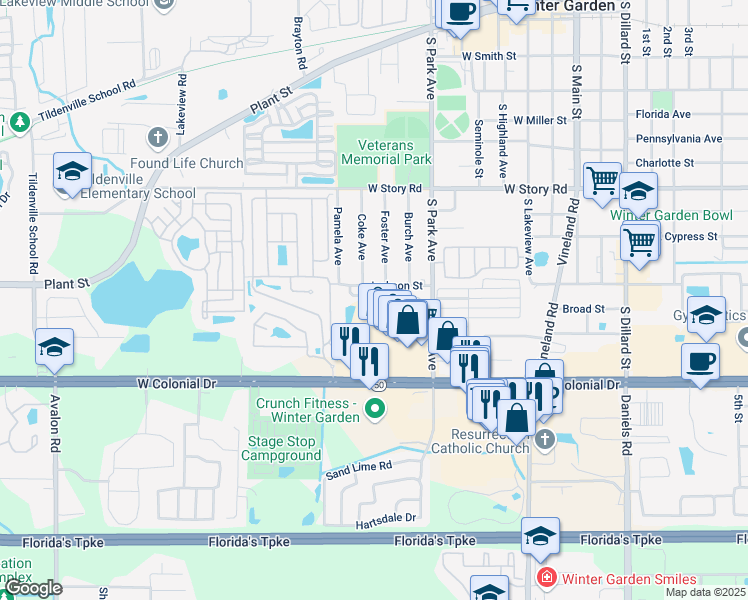 map of restaurants, bars, coffee shops, grocery stores, and more near 448 Westpoint Garden Circle in Winter Garden