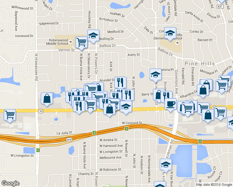 map of restaurants, bars, coffee shops, grocery stores, and more near 900 Paul Street in Orlando