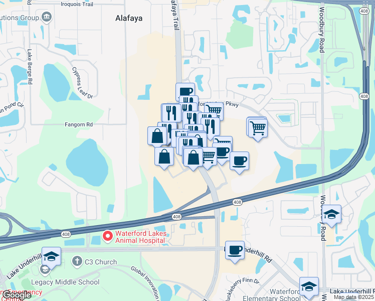 map of restaurants, bars, coffee shops, grocery stores, and more near 422 North Alafaya Trail in Orlando