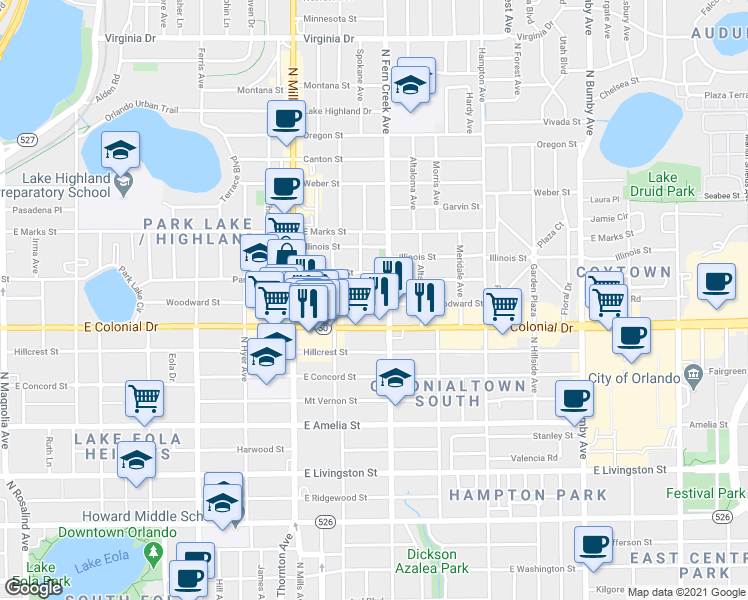 map of restaurants, bars, coffee shops, grocery stores, and more near 1513 Woodward Street in Orlando