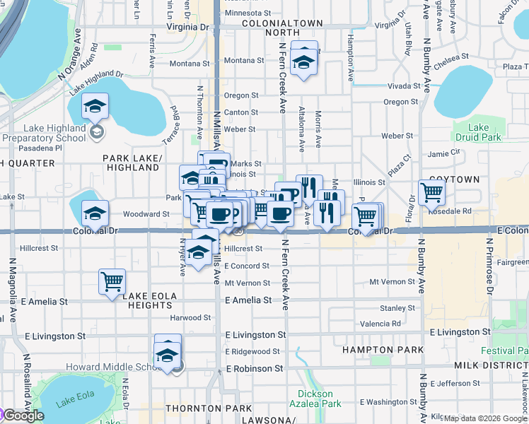 map of restaurants, bars, coffee shops, grocery stores, and more near 1427 Woodward Street in Orlando