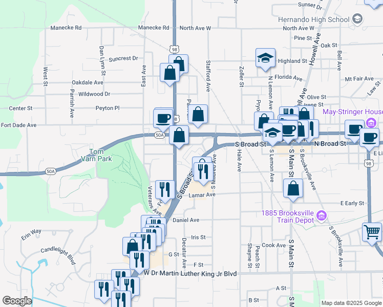 map of restaurants, bars, coffee shops, grocery stores, and more near 626 South Broad Street in Brooksville