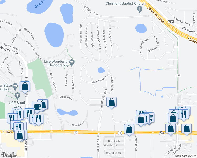 map of restaurants, bars, coffee shops, grocery stores, and more near 15715 Hidden Lake Circle in Clermont