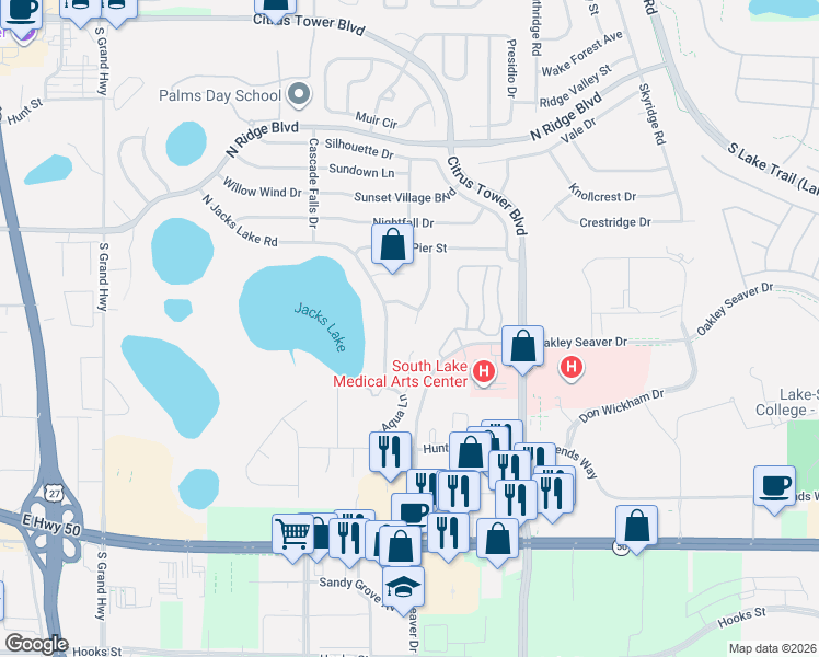 map of restaurants, bars, coffee shops, grocery stores, and more near 800 Lakeview Pointe Drive in Clermont