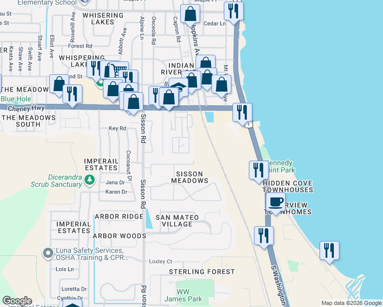 map of restaurants, bars, coffee shops, grocery stores, and more near 4875 Clover Lane in Titusville