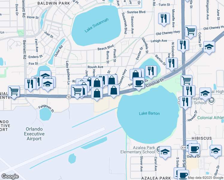 map of restaurants, bars, coffee shops, grocery stores, and more near 5167 East Colonial Drive in Orlando