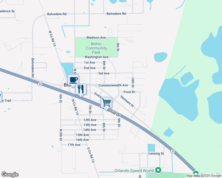 map of restaurants, bars, coffee shops, grocery stores, and more near 18634 Commonwealth Avenue in Orlando