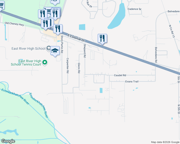map of restaurants, bars, coffee shops, grocery stores, and more near 17337 Caudel Road in Orlando