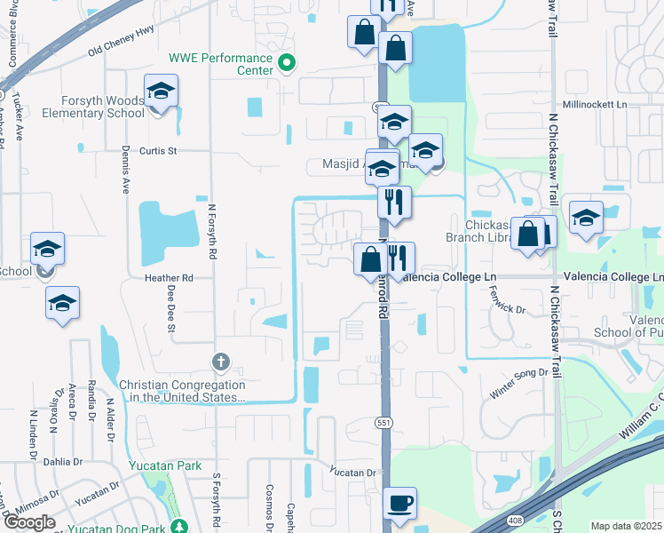 map of restaurants, bars, coffee shops, grocery stores, and more near 7402 Goldenpointe Boulevard in Azalea Park