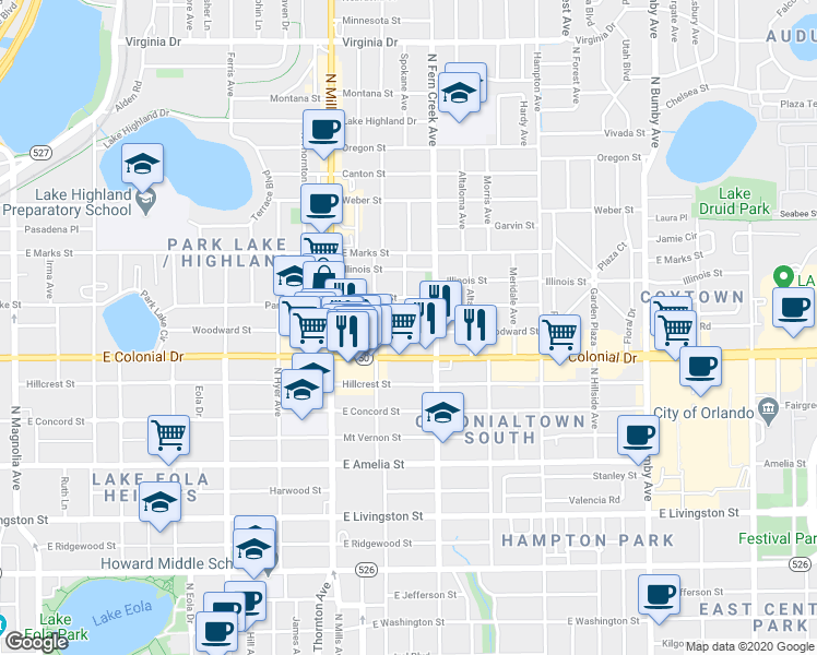 map of restaurants, bars, coffee shops, grocery stores, and more near 1427 Woodward Street in Orlando