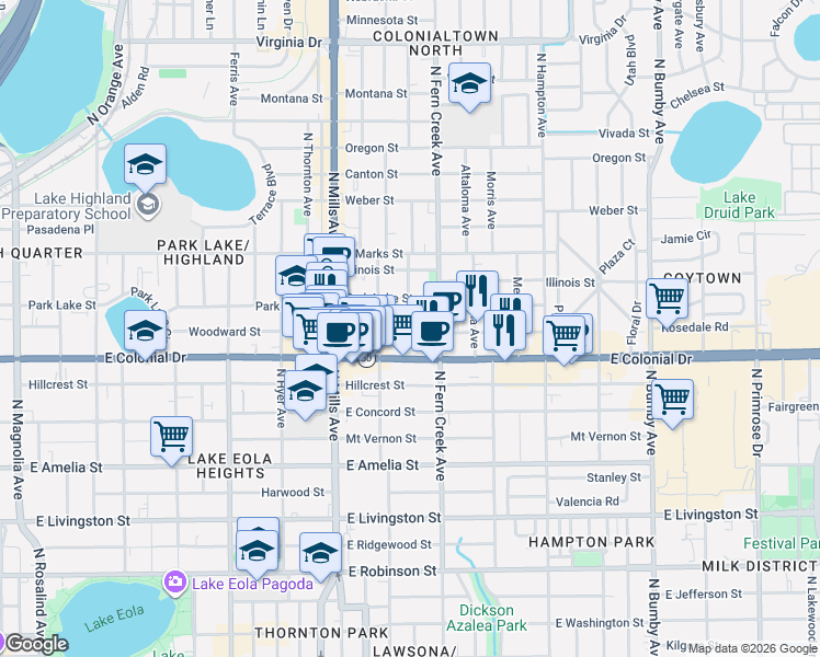 map of restaurants, bars, coffee shops, grocery stores, and more near 1427 Woodward Street in Orlando
