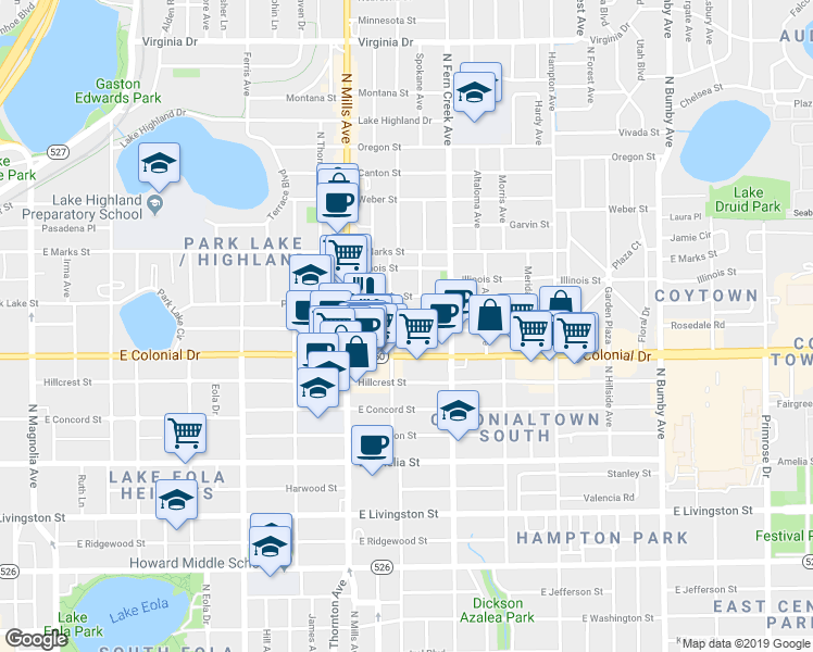 map of restaurants, bars, coffee shops, grocery stores, and more near 1427 Woodward Street in Orlando