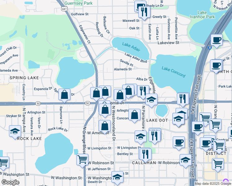 map of restaurants, bars, coffee shops, grocery stores, and more near 731 North Westmoreland Drive in Orlando