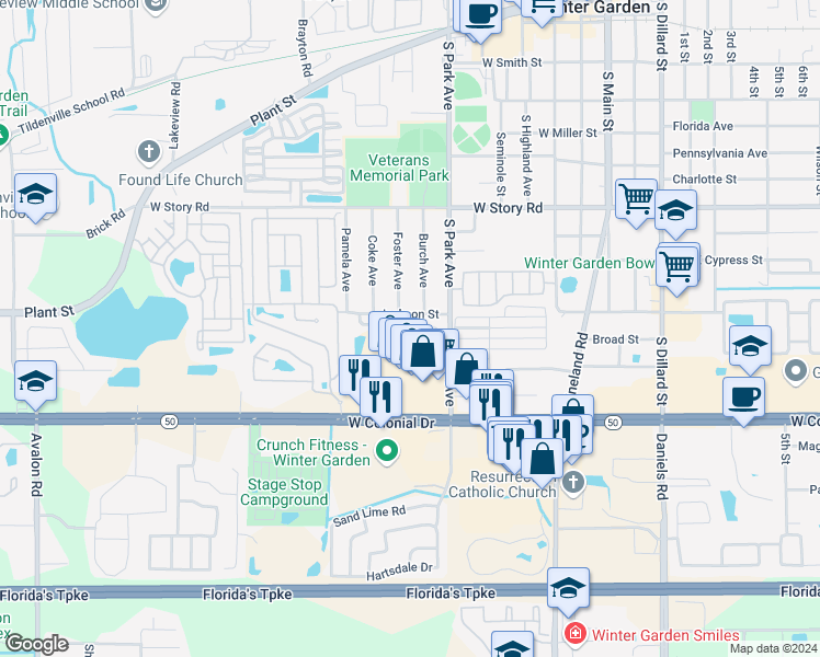 map of restaurants, bars, coffee shops, grocery stores, and more near 430 Westpoint Garden Circle in Winter Garden