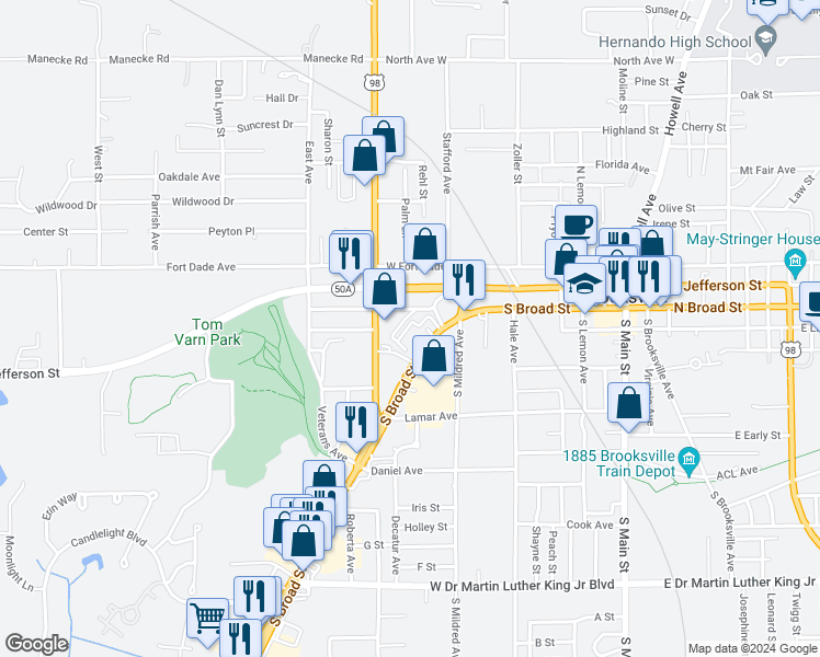 map of restaurants, bars, coffee shops, grocery stores, and more near 626 S Broad St in Brooksville