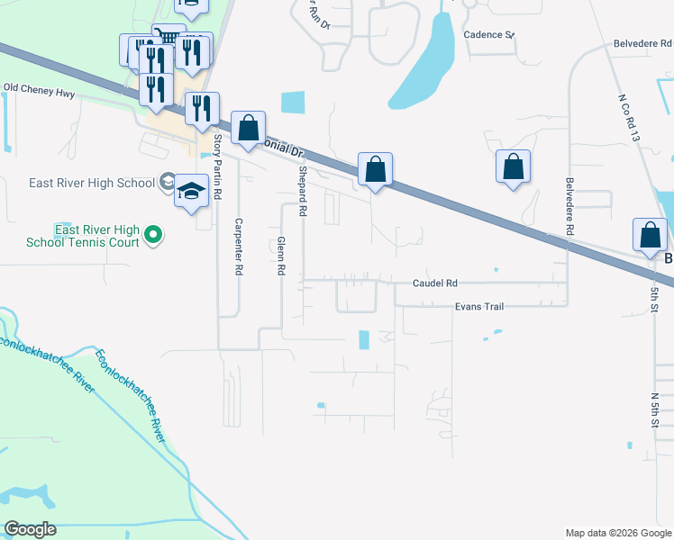 map of restaurants, bars, coffee shops, grocery stores, and more near 17337 Caudel Road in Orlando