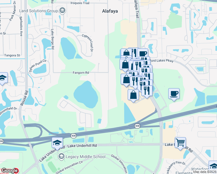 map of restaurants, bars, coffee shops, grocery stores, and more near 849 Oberry Hoover Road in Orlando