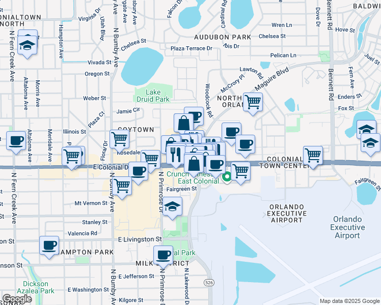 map of restaurants, bars, coffee shops, grocery stores, and more near in Orlando