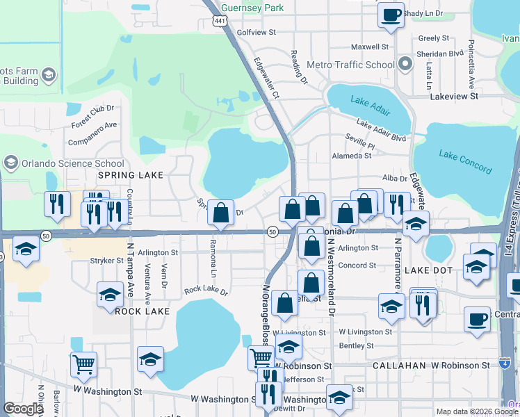 map of restaurants, bars, coffee shops, grocery stores, and more near 1247 Golden Lane in Orlando
