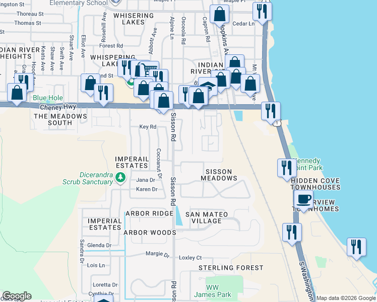 map of restaurants, bars, coffee shops, grocery stores, and more near 4800 Tuscarora Road in Titusville