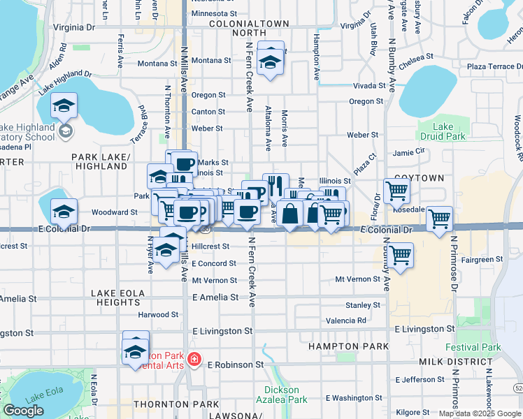 map of restaurants, bars, coffee shops, grocery stores, and more near 715 North Fern Creek Avenue in Orlando