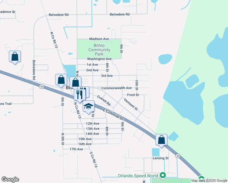 map of restaurants, bars, coffee shops, grocery stores, and more near 18634 Commonwealth Avenue in Orlando