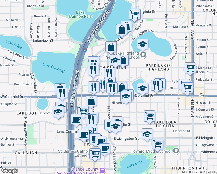 map of restaurants, bars, coffee shops, grocery stores, and more near 435 Magnolia Avenue in Orlando