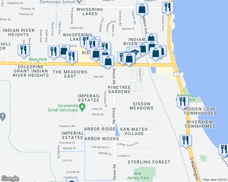 map of restaurants, bars, coffee shops, grocery stores, and more near 4802 Sisson Road in Titusville