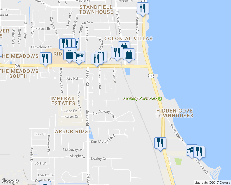 map of restaurants, bars, coffee shops, grocery stores, and more near 4875 Clover Lane in Titusville