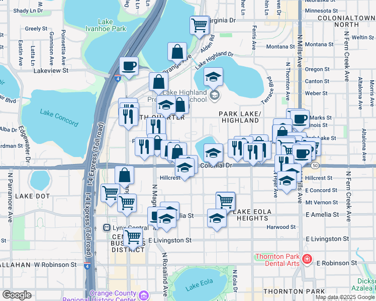 map of restaurants, bars, coffee shops, grocery stores, and more near 730 Highland Avenue in Orlando