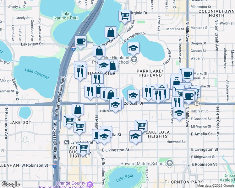 map of restaurants, bars, coffee shops, grocery stores, and more near 718 Highland Avenue in Orlando