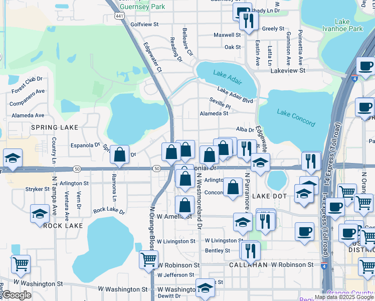 map of restaurants, bars, coffee shops, grocery stores, and more near 729 Ellwood Avenue in Orlando