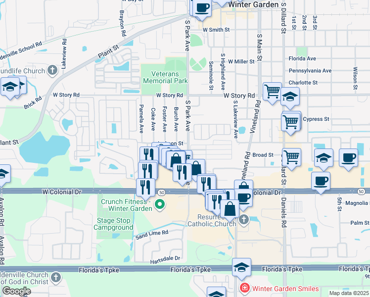 map of restaurants, bars, coffee shops, grocery stores, and more near 373 Eron Way in Winter Garden