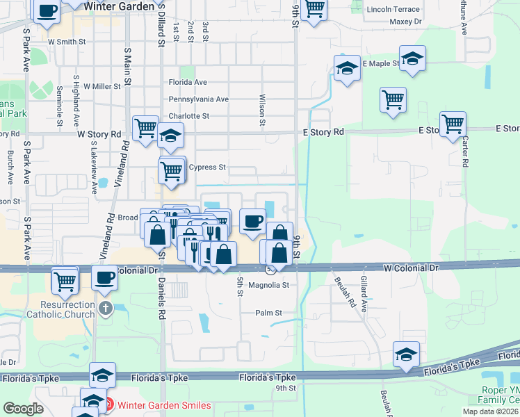 map of restaurants, bars, coffee shops, grocery stores, and more near 363 Regal Downs Circle in Winter Garden