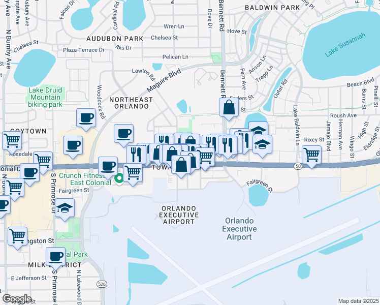 map of restaurants, bars, coffee shops, grocery stores, and more near 3915 East Colonial Drive in Orlando