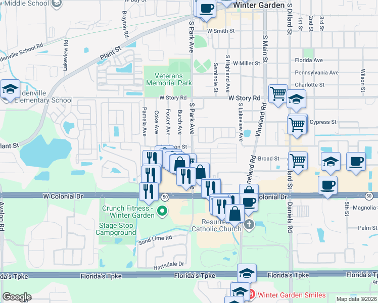 map of restaurants, bars, coffee shops, grocery stores, and more near 373 Eron Way in Winter Garden